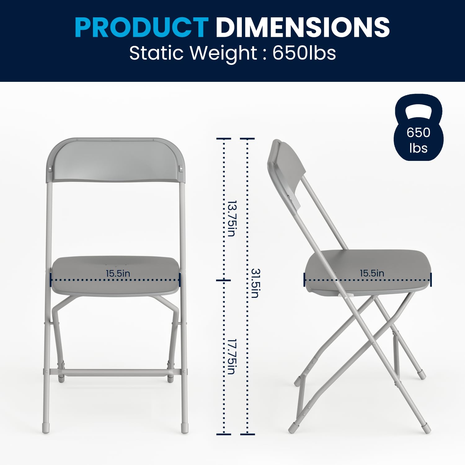 4 Pack, Hercules Series Plastic Folding Chair - Grey - 650LB Weight Capacity Comfortable Event Chair-Lightweight Folding Chair