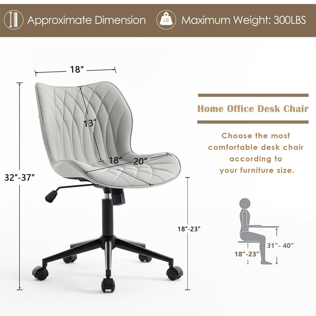 Armless Desk Chair Comfy Office Chair with Wheels Home Ergonomic Task Chair Adjustable Computer Chairs Modern Faux Leather Swivel Chair Upholstered Makeup Vanity Chair with Back(Gray)