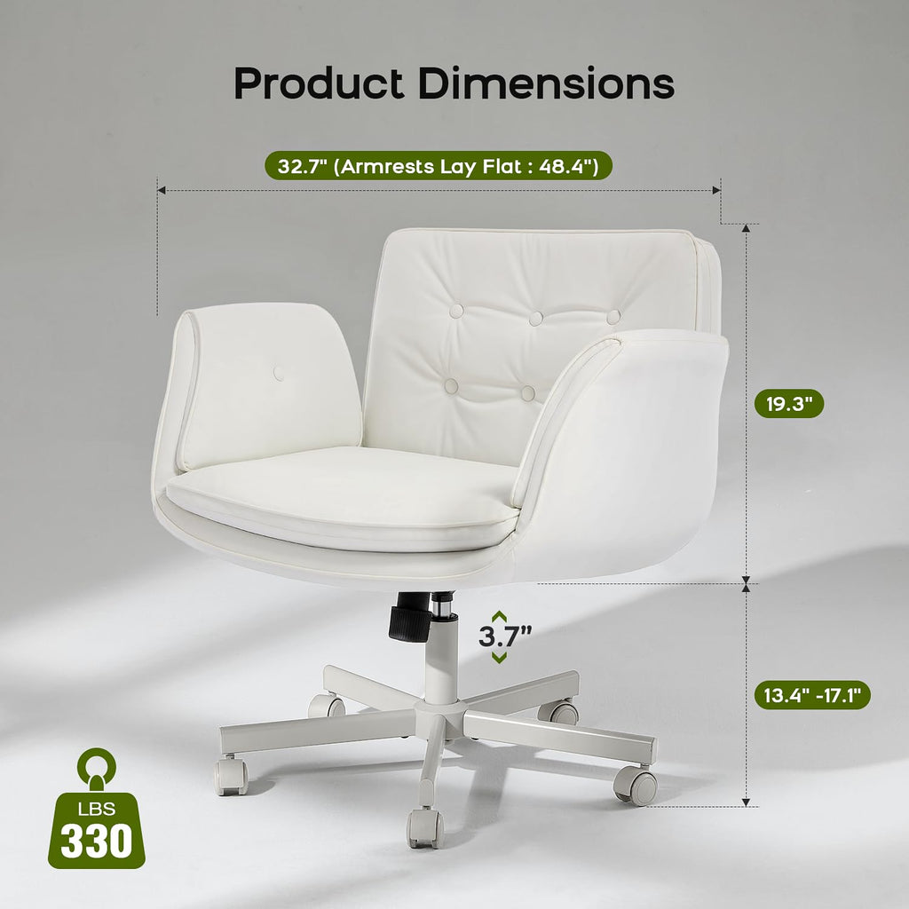 Criss Cross Office Chair, PU Leather Vanity Chair with 5-Level Adjustable Armrests & Swivel, Ergonomic Criss Cross Chair for Home Office Bedroom Makeup（White）
