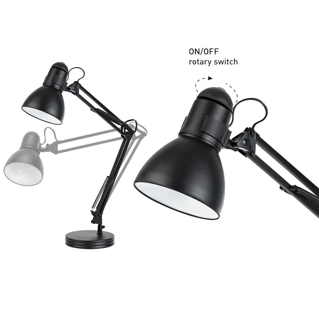 28" Heavy Base Top Moving Spring Balanced Swing Arm Desk Lamp, Black, On/Off Rotary Switch on Shade, Office Decor, Reading Light, Home Essentials, Room Lighting