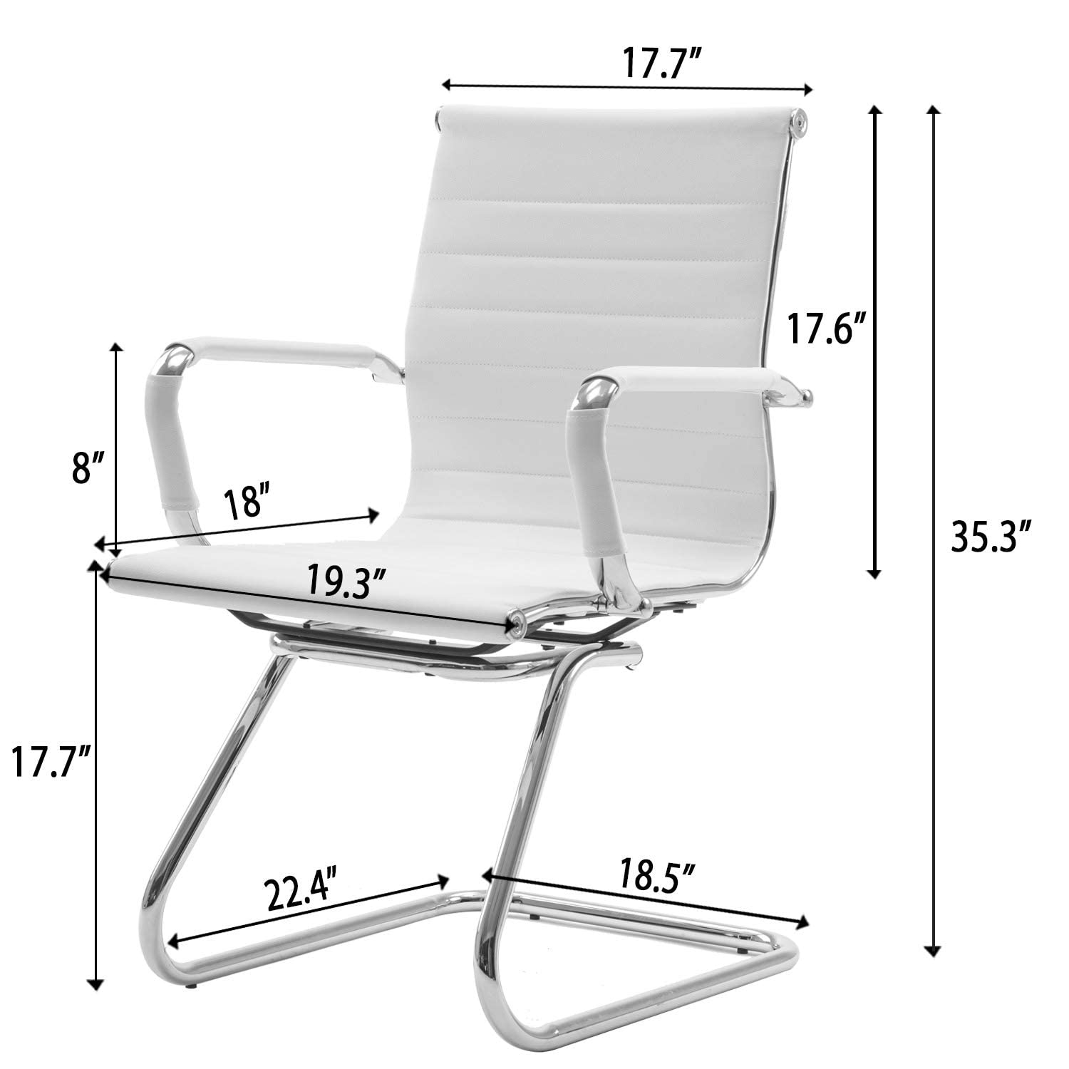 Conference Room Chairs Set of 2, Waiting Room Chairs with Arms, Faux Leather Reception Chairs No Wheels, Office Guest Chairs with Mid Back Support and Chrome Sled Base, White