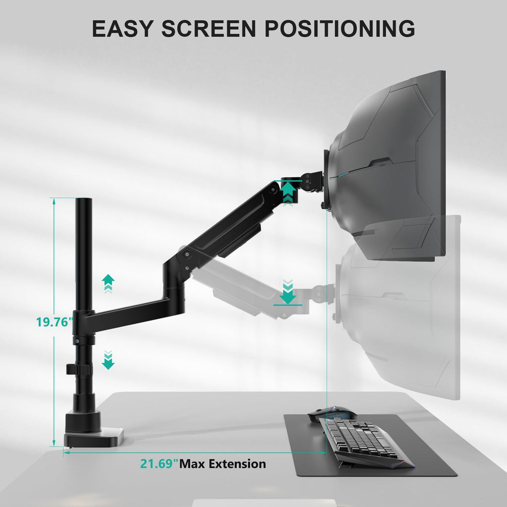 Heavy Duty Monitor Arm Desk Mount for 13-43 Inch Ultrawide Screens, Single Monitor Arm with Full Motion Tilt, Swivel, Rotation, Holds up to 44 lbs, C-Clamp Mount for VESA 75/100mm (GSDM001-P)