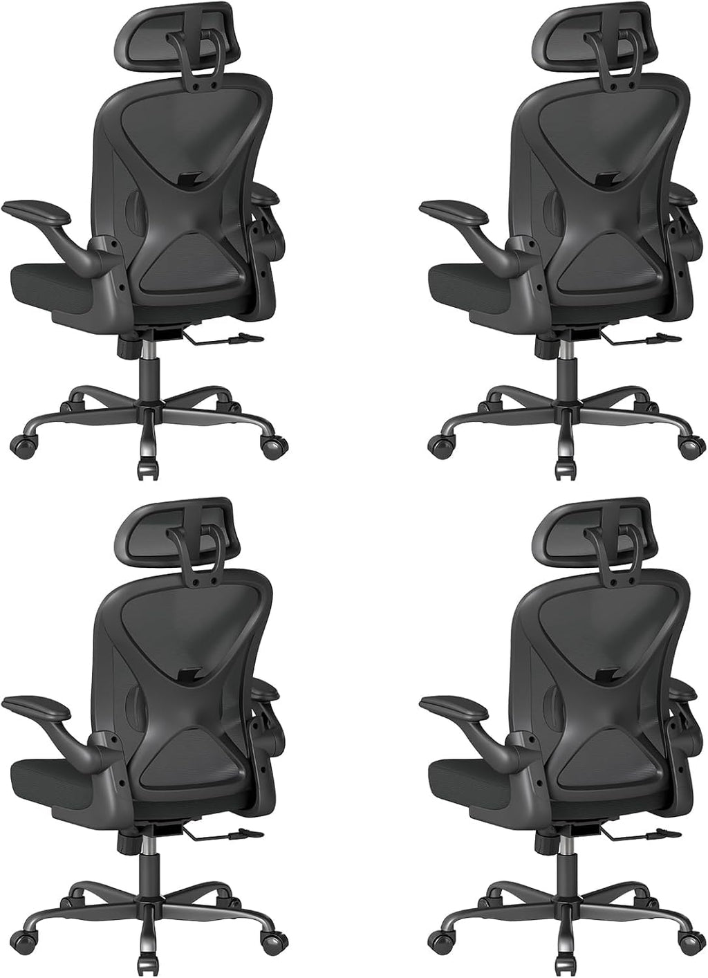 Ergonomic Office Chair Set of 4, with Adjustable Lumbar Support, Mesh Fabric Home Office Chair with Headrest, 360° Swivel and Flip-Up Armrests, Black