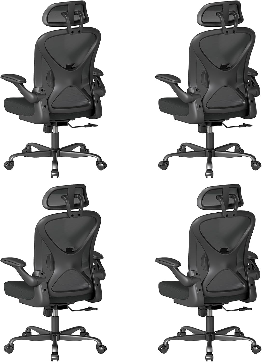 Ergonomic Office Chair Set of 4, with Adjustable Lumbar Support, Mesh Fabric Home Office Chair with Headrest, 360° Swivel and Flip-Up Armrests, Black