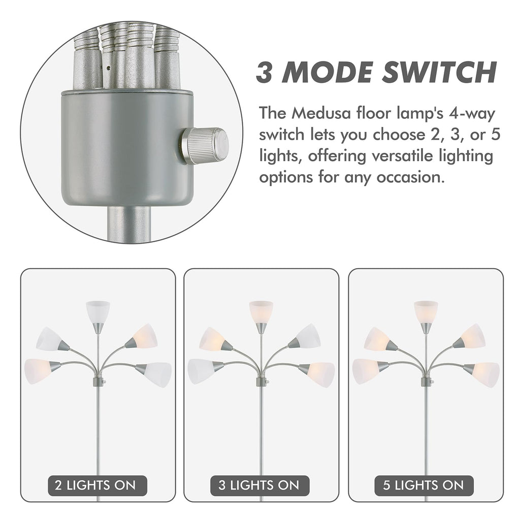 Medusa Modern Decor Floor Lamp, Multi Head Adjustable Gooseneck Bright Light Lamp for Reading, White Shades Tall Standing Tree Floor Lamp for Living Room Bedroom Office Kids Classroom, Silver