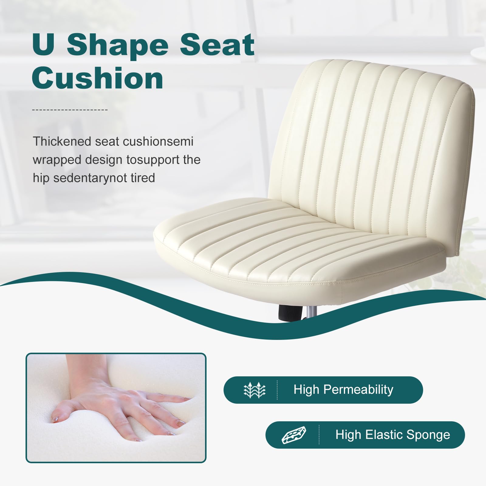 Criss Cross Legged Chairs Armless No Wheels Wide Seat Height Adjustable Swivel Padded PU Leather Home Office Desk Chair for Bedroom, Student, Study Room,Beige