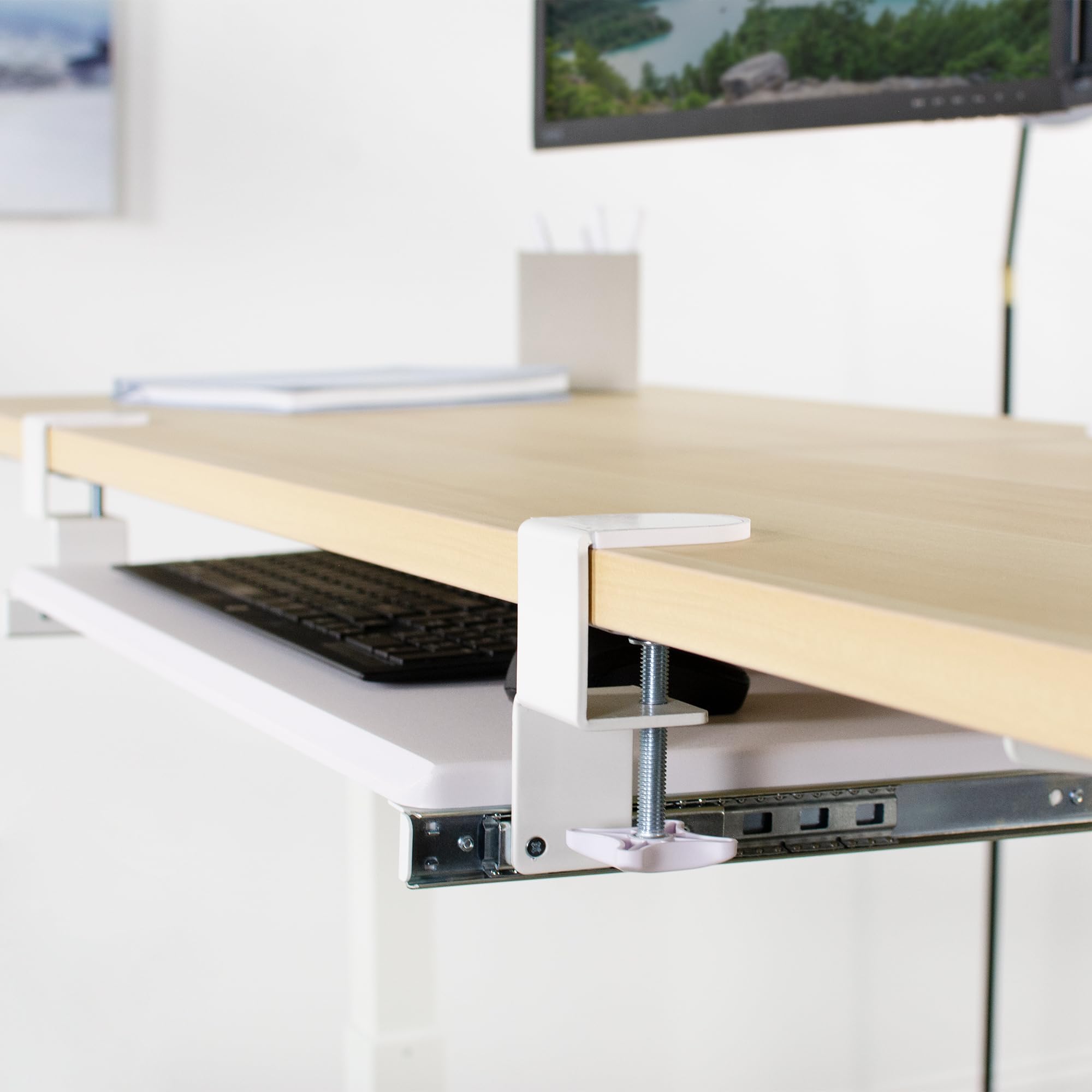Large Clamp-on Computer Keyboard and Mouse Under Desk Slider Tray, 27 x 11 inch Pull Out Platform Drawer, White
