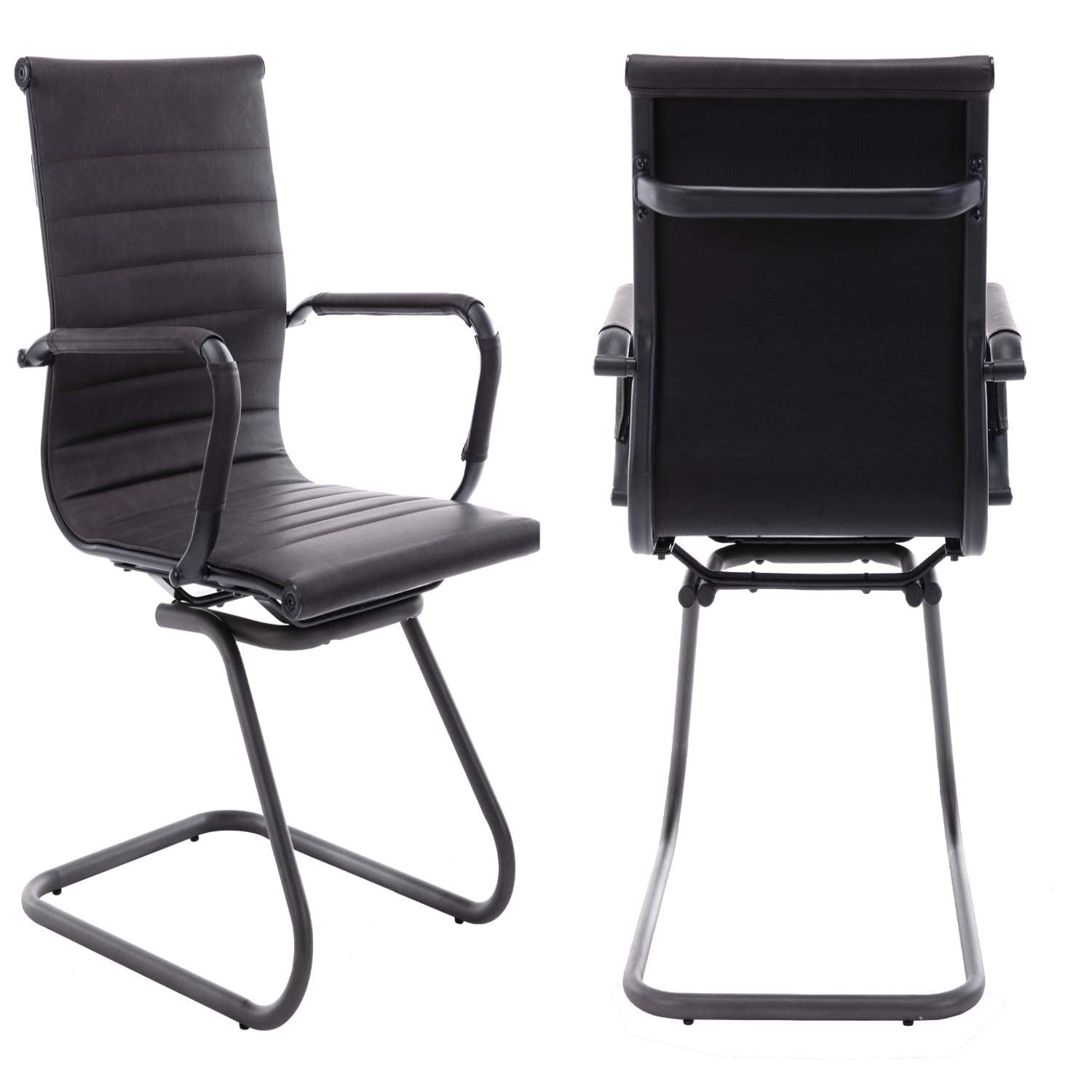 Office Desk Chair No Wheels Set of 4 PU Leather Computer Chairs Mid Back Guest Chairs for School Reception Conference Waiting Room, Vintage Charcoal