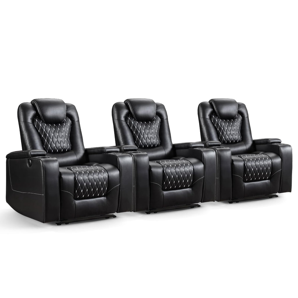 Power Recliner Chair Set of 3, Electric Soft Faux Leather Reclining Home Faux Theater Seating - USB Ports, Cup Holders, Hidden Arm Storage Movie & Media Room Chairs (Black)