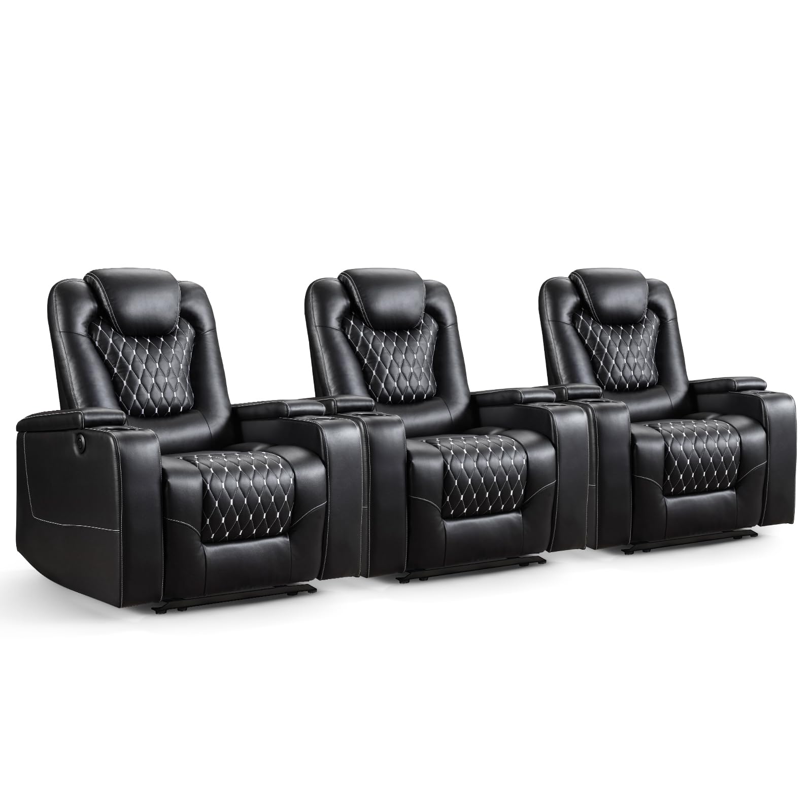 Power Recliner Chair Set of 3, Electric Soft Faux Leather Reclining Home Faux Theater Seating - USB Ports, Cup Holders, Hidden Arm Storage Movie & Media Room Chairs (Black)