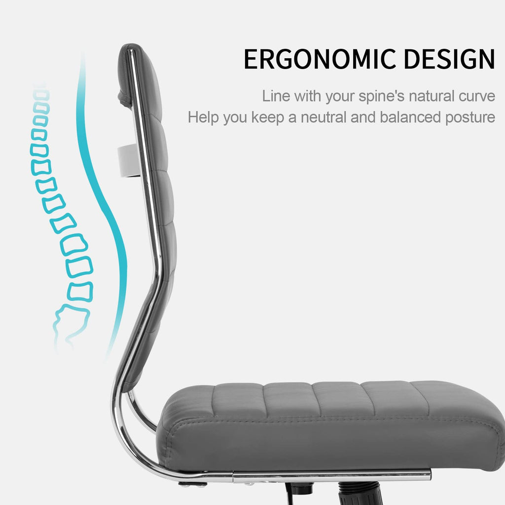 Armless Office Desk Chair, Mid Back Leather Conference Room Chairs Without Armrests, Modern Office Chair Ribbed.