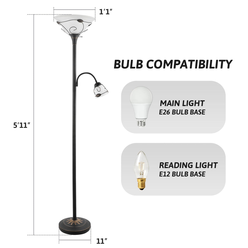 Torchiere Floor Lamp with Side Reading Light, 3-Way Switch Combo Antique Bronze Mother Daughter Floor Lamp with Glass Shade, 71" Desk Floor Lamp for Living Room Corner Bedroom Home Office
