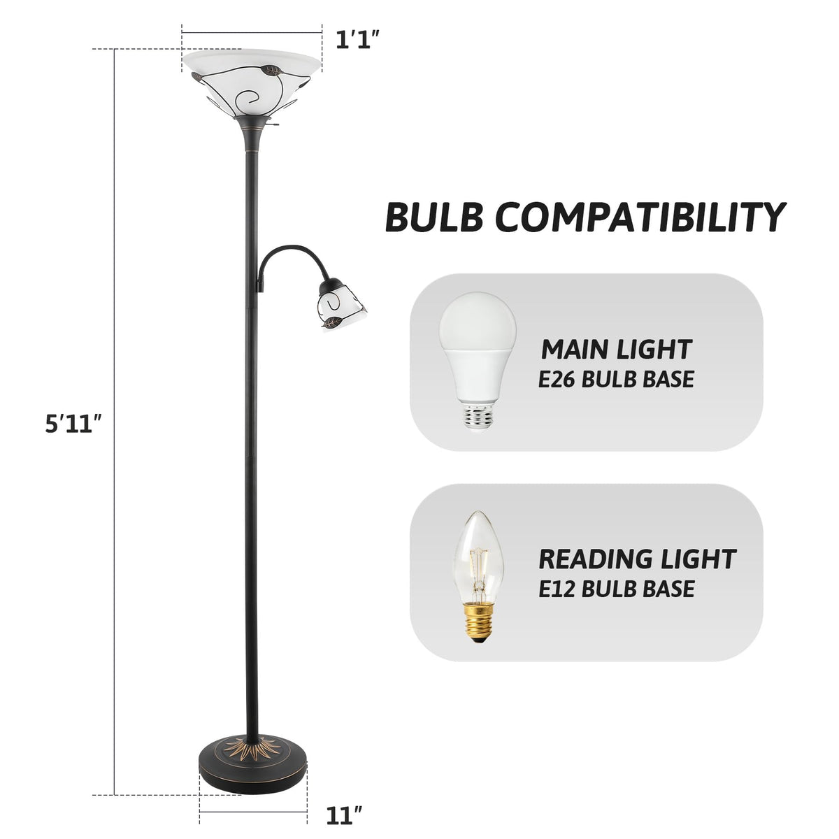 Torchiere Floor Lamp with Side Reading Light, 3-Way Switch Combo Antique Bronze Mother Daughter Floor Lamp with Glass Shade, 71" Desk Floor Lamp for Living Room Corner Bedroom Home Office