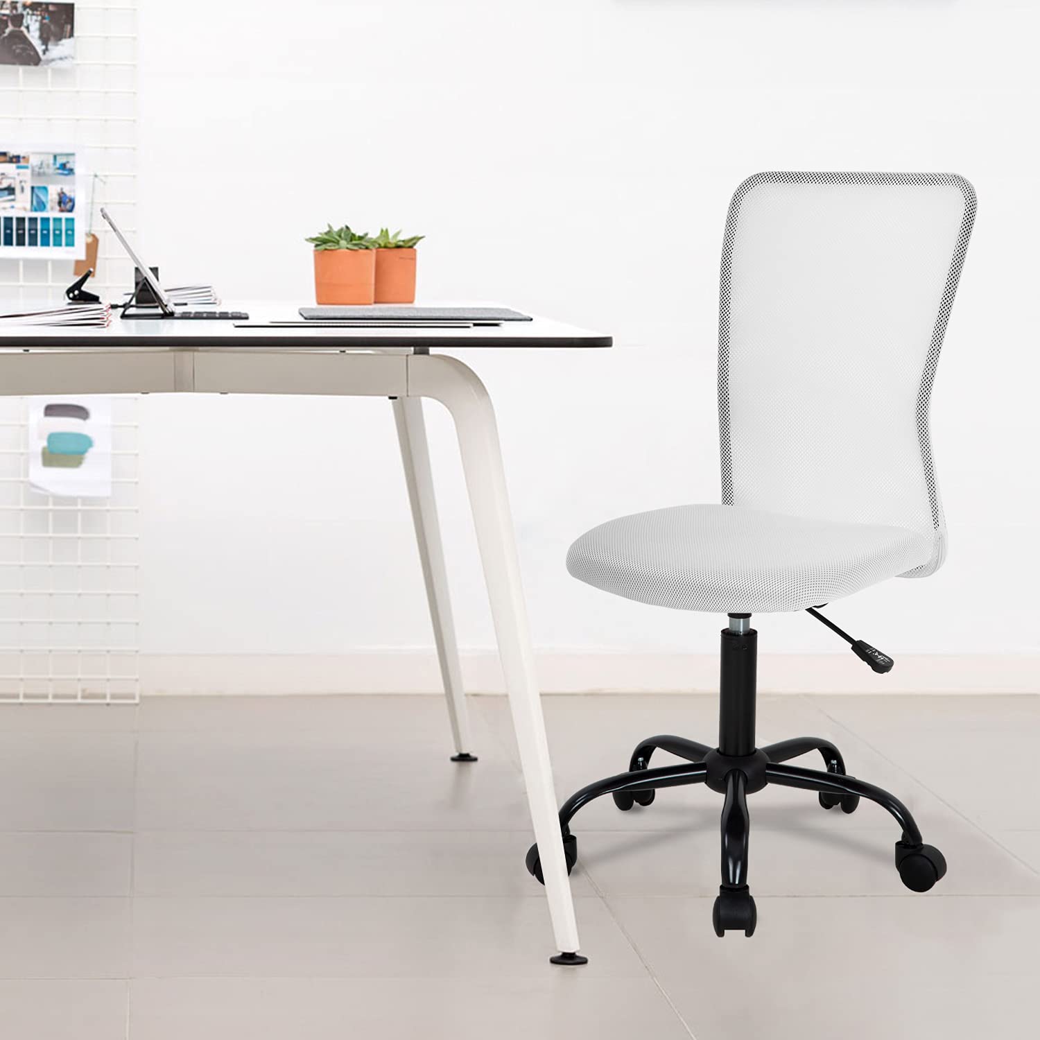 Office Chair Mid Back Mesh Desk Chair Armless Computer Ergonomic Task Rolling Swivel Chair Back Support Adjustable Modern with Lumbar Support,White