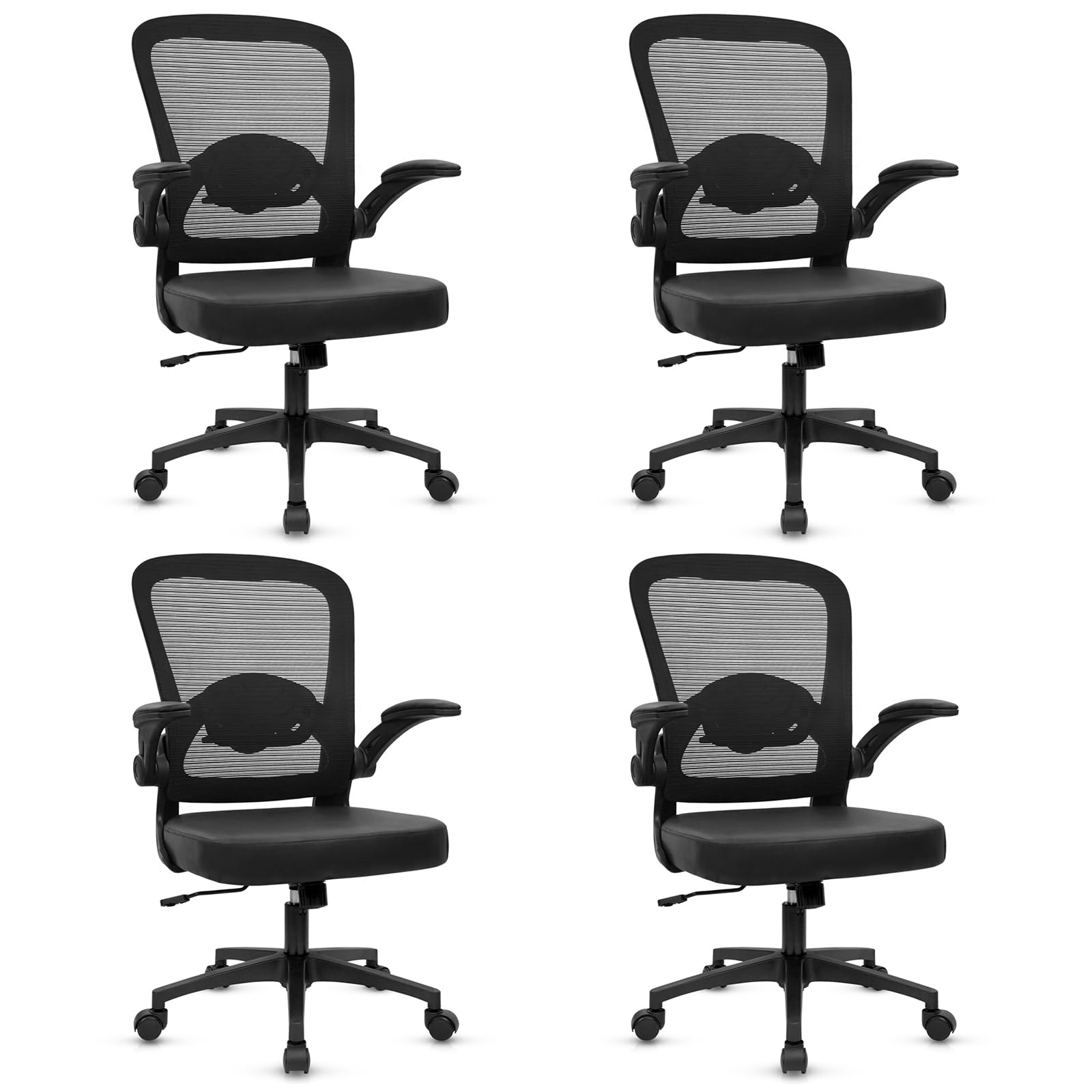 KLASIKA Home Office Desk Chair with Flip Up Armrests, Mesh Back Chair with Adjustable Height Lumbar Support and Leather Seat, Ergonomic Computer Task Chair for School, Conference, Black(4PK)