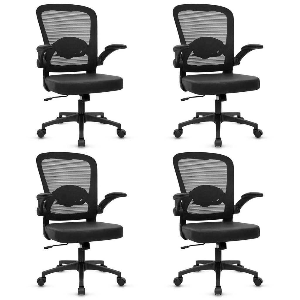 KLASIKA Home Office Desk Chair with Flip Up Armrests, Mesh Back Chair with Adjustable Height Lumbar Support and Leather Seat, Ergonomic Computer Task Chair for School, Conference, Black(4PK)