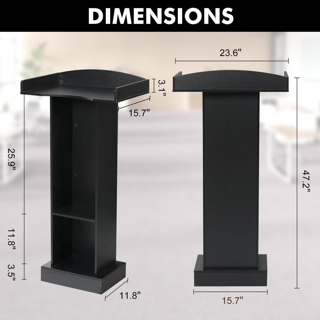 Podium Stand - 47.2" Tall Classic Black Podium Standing Lectern with Storage Shelves for Classroom, Presentation, Church, Hostess Stand and Wedding Speech