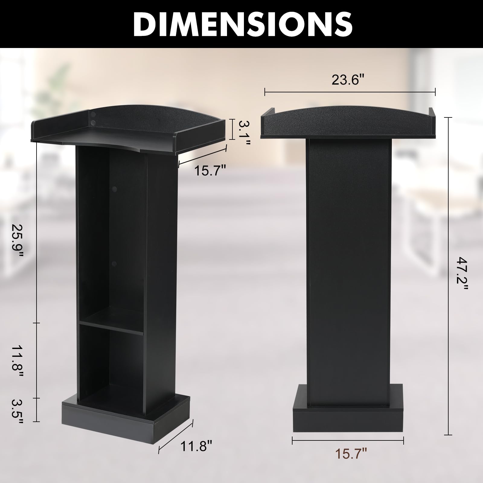 Podium Stand - 47.2" Tall Classic Black Podium Standing Lectern with Storage Shelves for Classroom, Presentation, Church, Hostess Stand and Wedding Speech