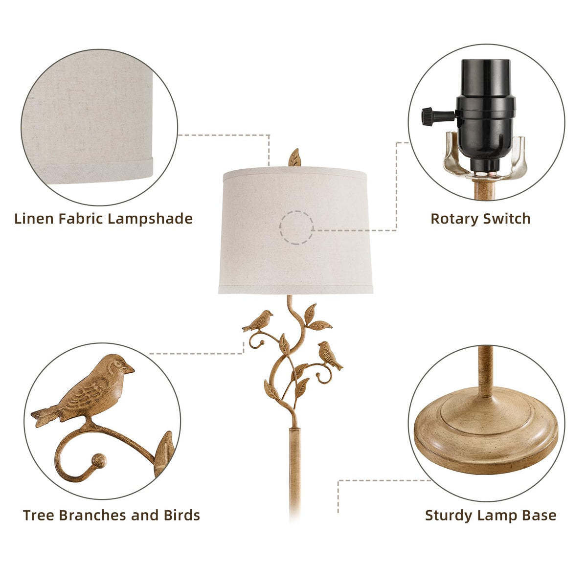 63" Farmhouse Floor Lamp for Living Room Bedroom with Iron Bird Leaf