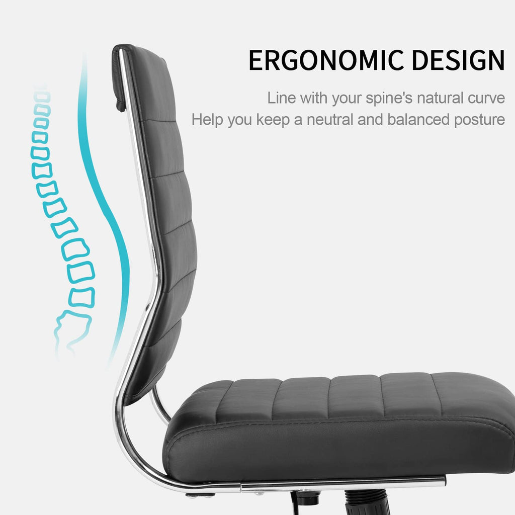 Armless Office Desk Chair, Mid Back Leather Conference Room Chairs Without Armrests, Modern Office Chair Ribbed.