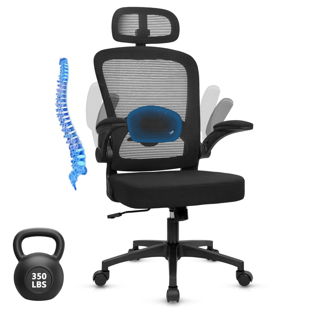 Desk Chairs with Wheels, Ergonomic Mesh Back Home Office Chair with Headrest, Adjustable Lumbar Support Swivel Rolling Computer Chairs with Flip Up Armrests for Conference Meeting Room, Black