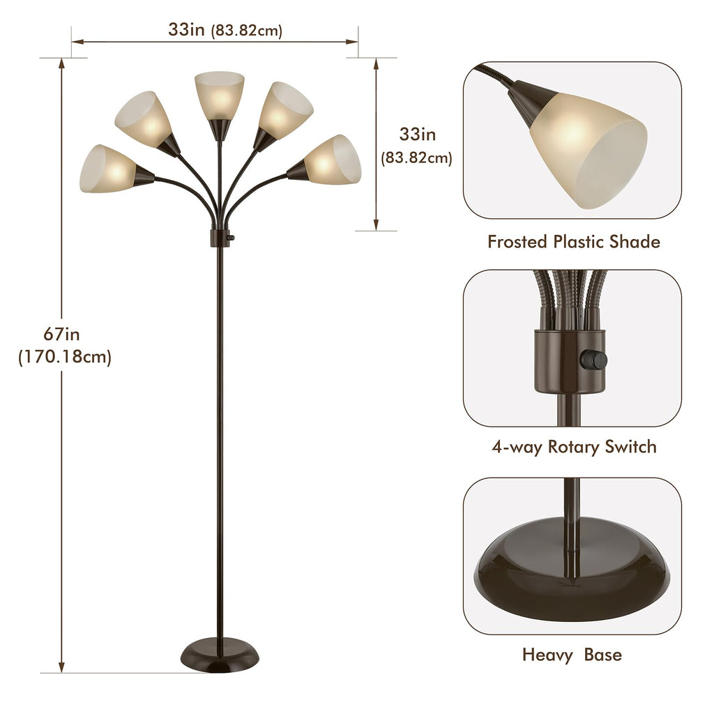 Medusa Modern Decor Floor Lamp, Multi Head Adjustable Gooseneck Bright Light for Reading, White Shades Tall Standing Tree Floor Lamp for Living Room Bedroom Office Kids Classroom, Brown