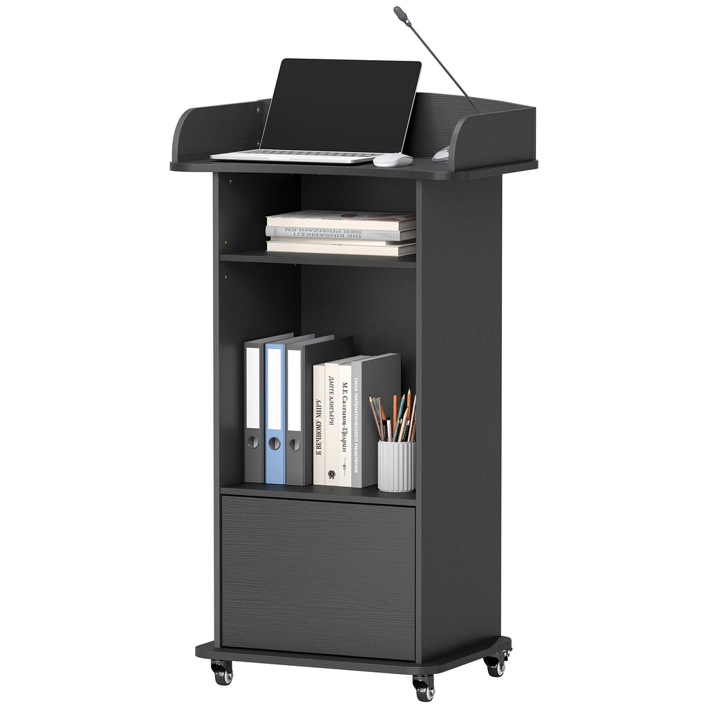 Portable Podium Stand with 4 Metal Wheels, Mobile Lectern Stand with Storage for Church Classroom Restaurant Reception Office Presentation, Wooden Pulpit Desk for Hostess Teacher (Black)