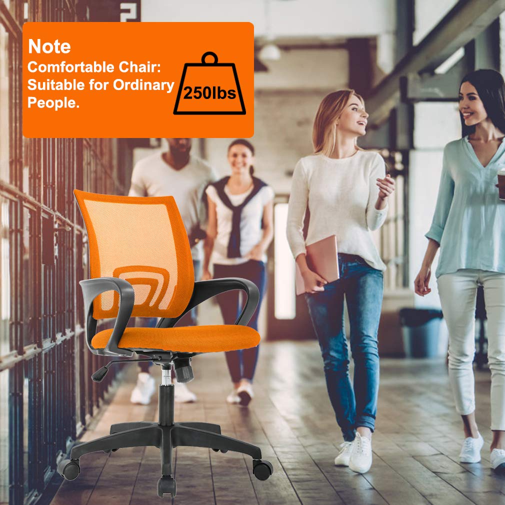 Ergonomic Office Chair | Mid-Back Swivel Desk Chair | Breathable Backrest & Lumbar Support | Adjustable Height | Sponge Seat | Rolling Wheels | Orange | for Adults & Women