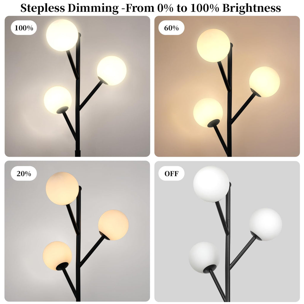 3-Globe Mid Century Black Tree Floor Lamp for Living Room,70in Tall Modern Stepless Dimmable Standing Lamp with Frosted Glass Shade for Office Bedroom, Study Room Bulbs Included(dimmer-Black)