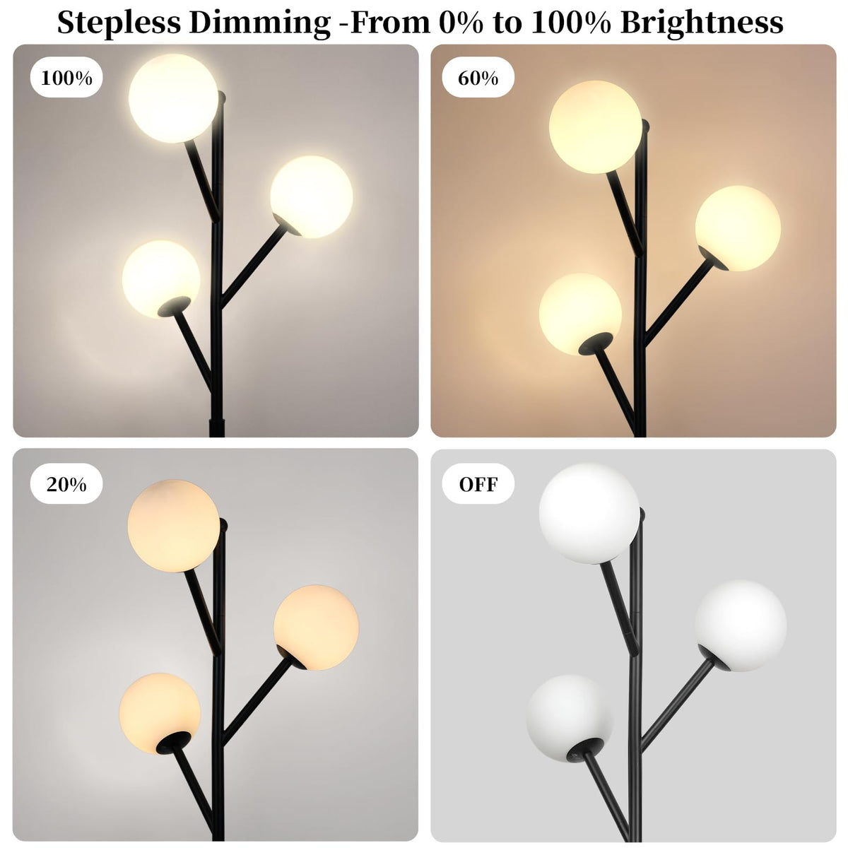 3-Globe Mid Century Black Tree Floor Lamp for Living Room,70in Tall Modern Stepless Dimmable Standing Lamp with Frosted Glass Shade for Office Bedroom, Study Room Bulbs Included(dimmer-Black)