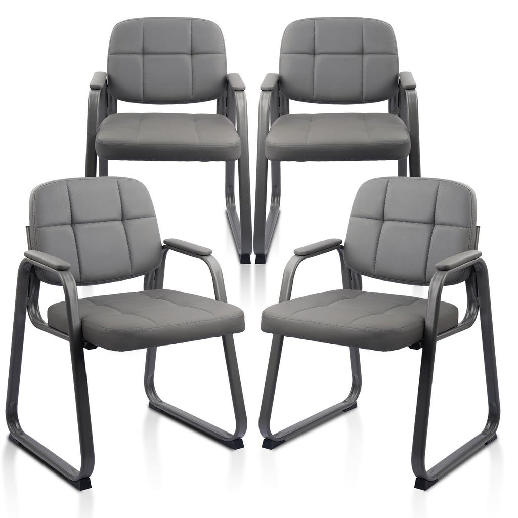 4 Pack, Waiting Room Guest Chair with Bonded Leather Padded Arm Rest for Office Reception and Conference Desk Black with Sled Base Grey