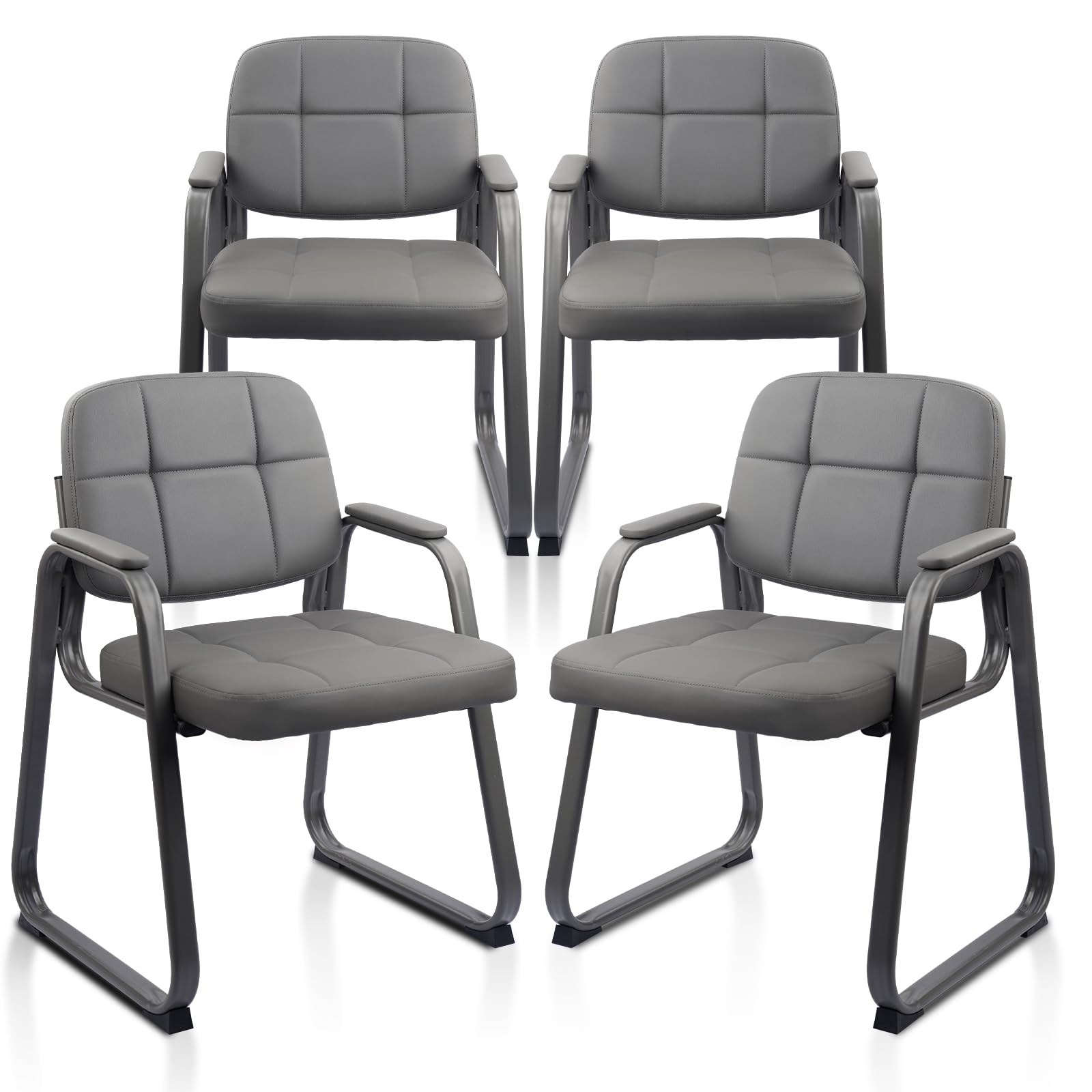 4 Pack, Waiting Room Guest Chair with Bonded Leather Padded Arm Rest for Office Reception and Conference Desk Black with Sled Base Grey
