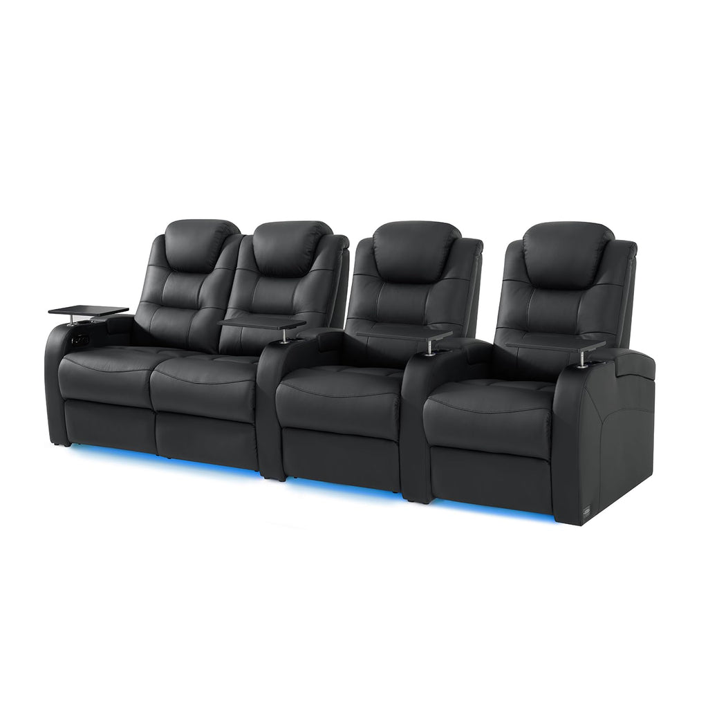 Home Theater Seating Simple Style Top Grain Leather Recliner Chair Dual Power Electric Headrest Movie Theater Chairs Gaming Sofa with Tray Table (Black, Row of 4 Loveseat Left)