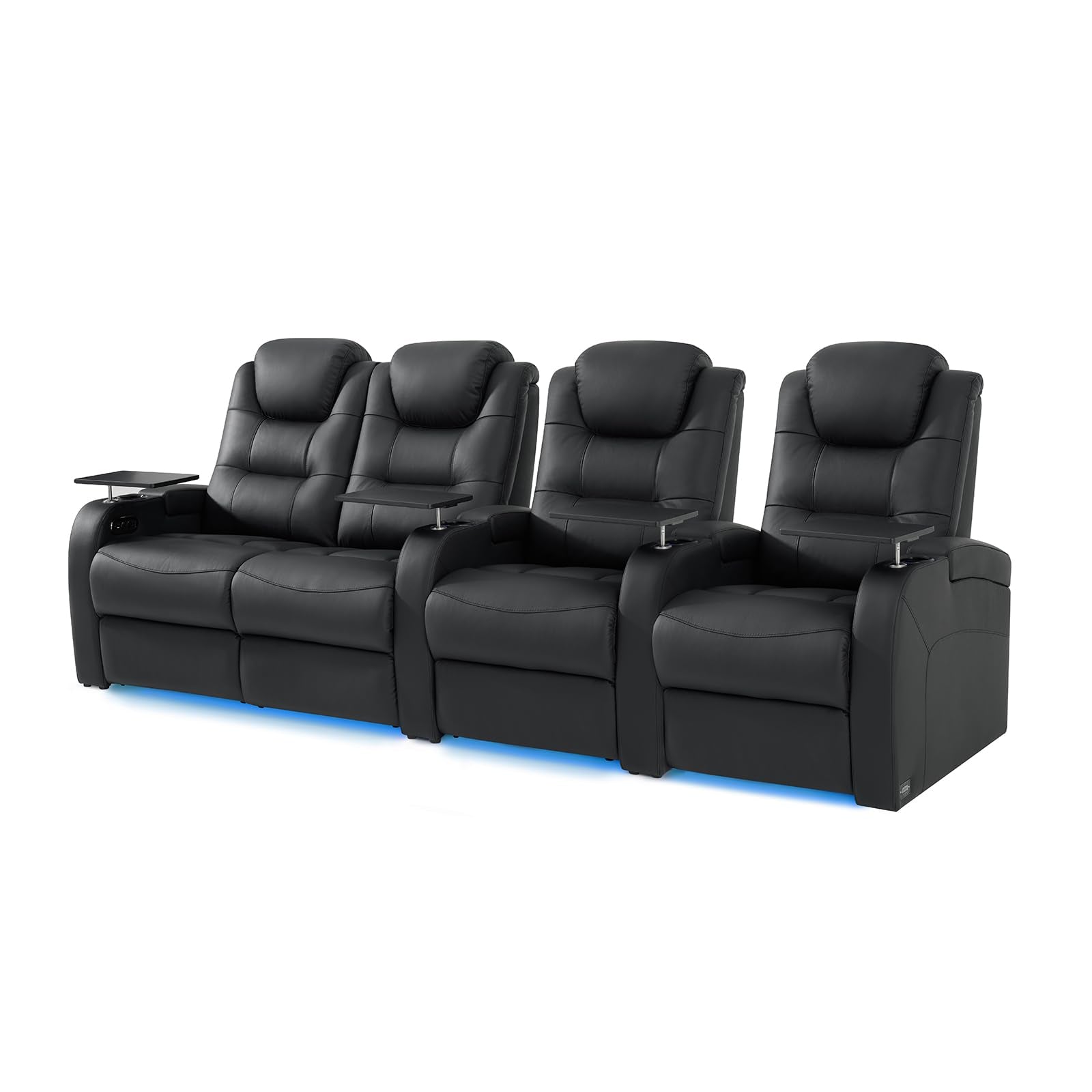 Home Theater Seating Simple Style Top Grain Leather Recliner Chair Dual Power Electric Headrest Movie Theater Chairs Gaming Sofa with Tray Table (Black, Row of 4 Loveseat Left)