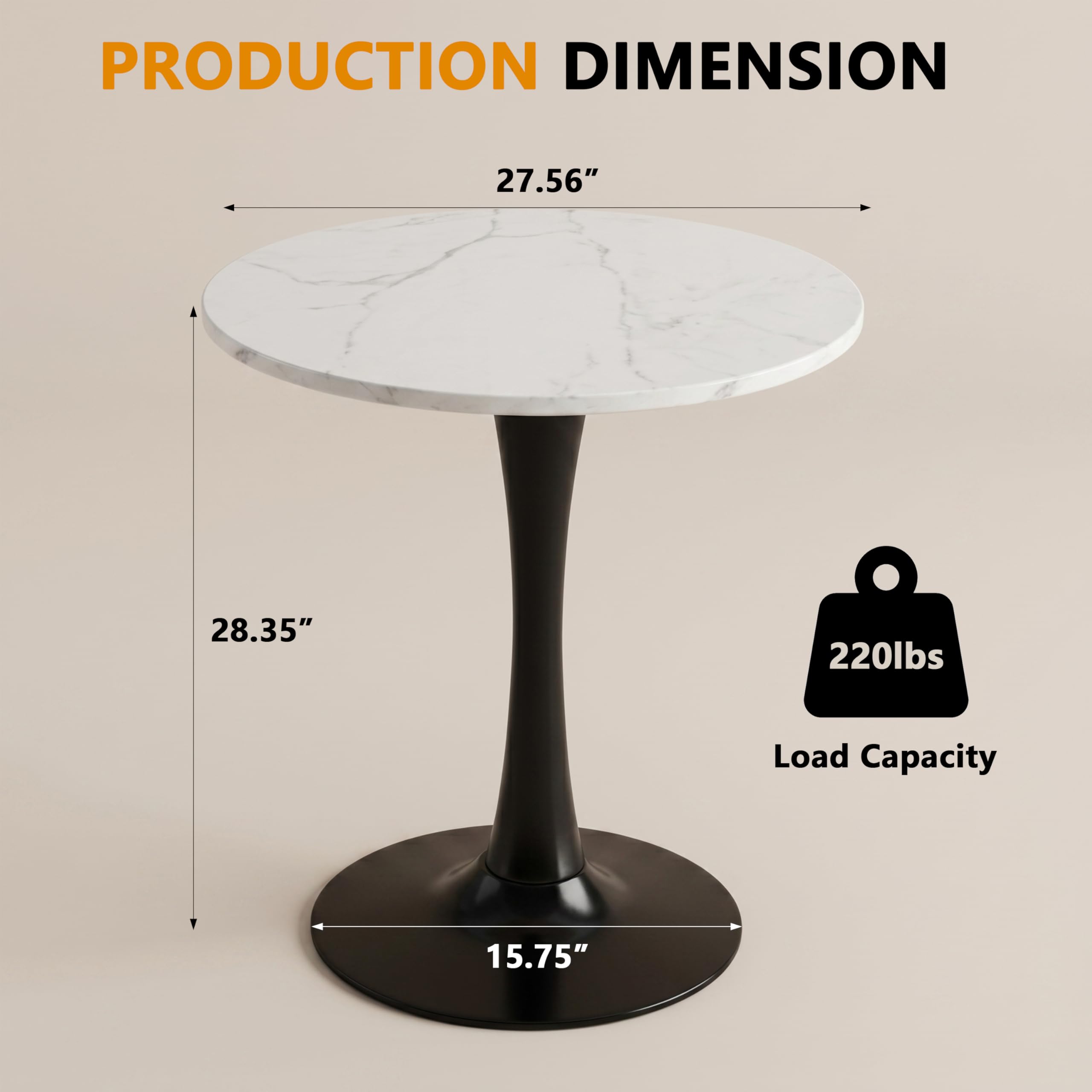 Sybrioka 27.6" Marble Round Tulip Table, Mid-Century Modern Style Dining Table with Black Pedestal Base for 2-4 People, Featuring A Marble Tabletop for Kitchen, Dining Room, Cafe (White)