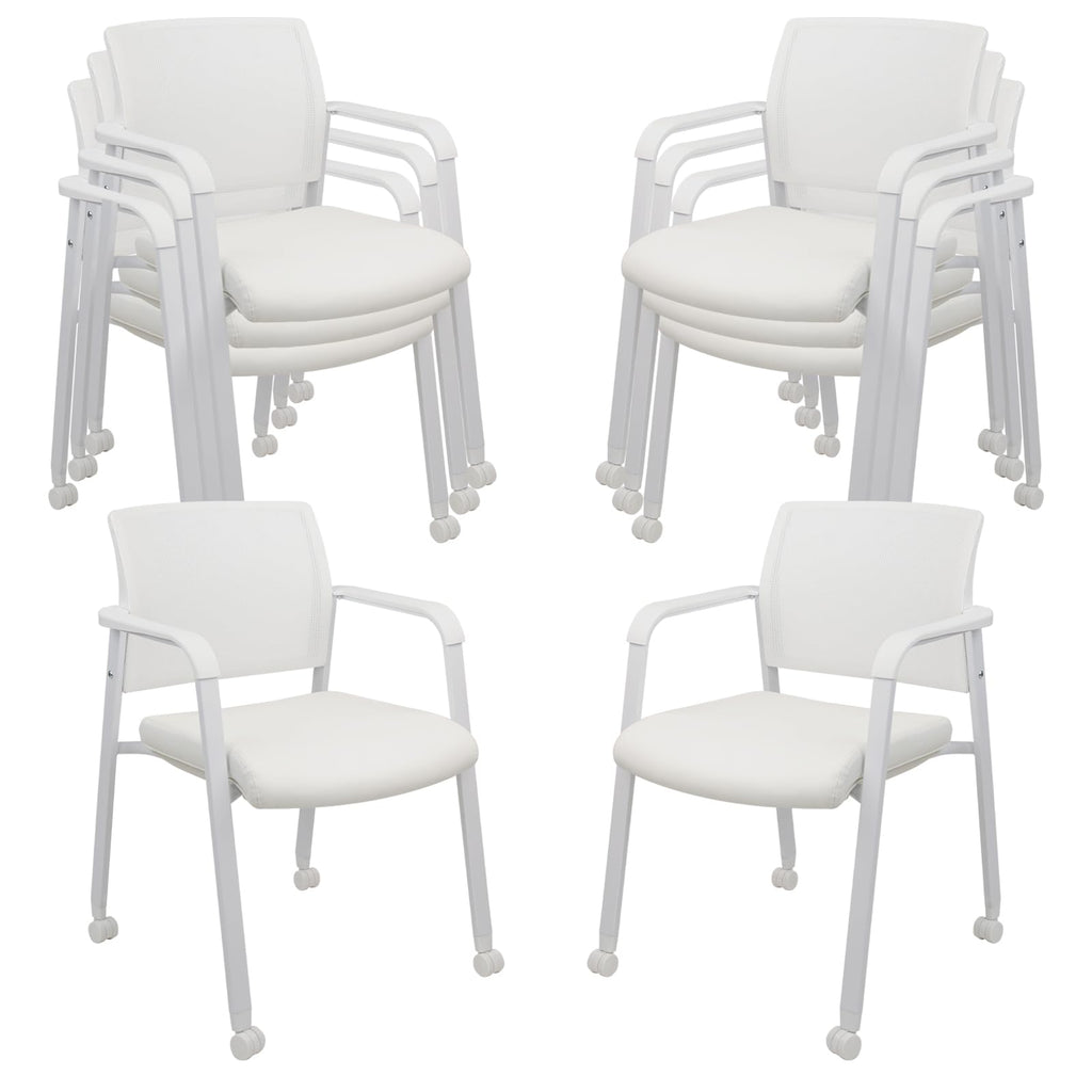 Set of 8, Stacking Office Chairs with Wheels | Mesh Back, Thicken Leather Seat and Streamline Armrests, Ergonomic Lumber Support | School, Desk, Guest Reception, Waiting, Conference | White