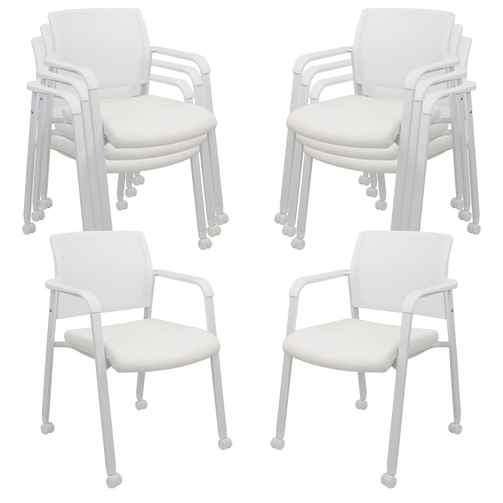 Set of 8, Stacking Office Chairs with Wheels | Mesh Back, Thicken Leather Seat and Streamline Armrests, Ergonomic Lumber Support | School, Desk, Guest Reception, Waiting, Conference | White