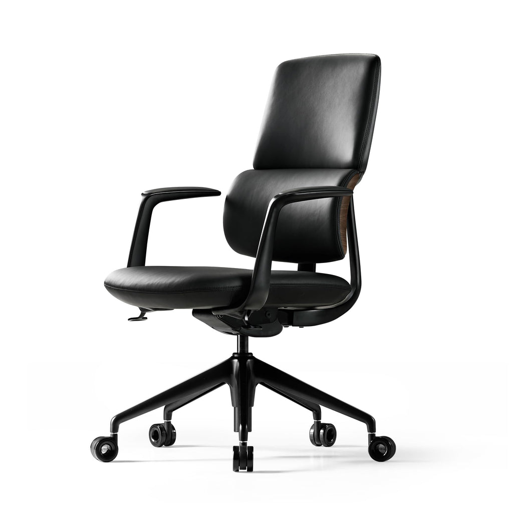 Genuine Leather Office Desk Chair, Ergonomic Leather Office Chair Mid Back, Upgraded Wood Grain Finish and S Curve Back with Solid Aluminum Frame, Luxury and Mordern