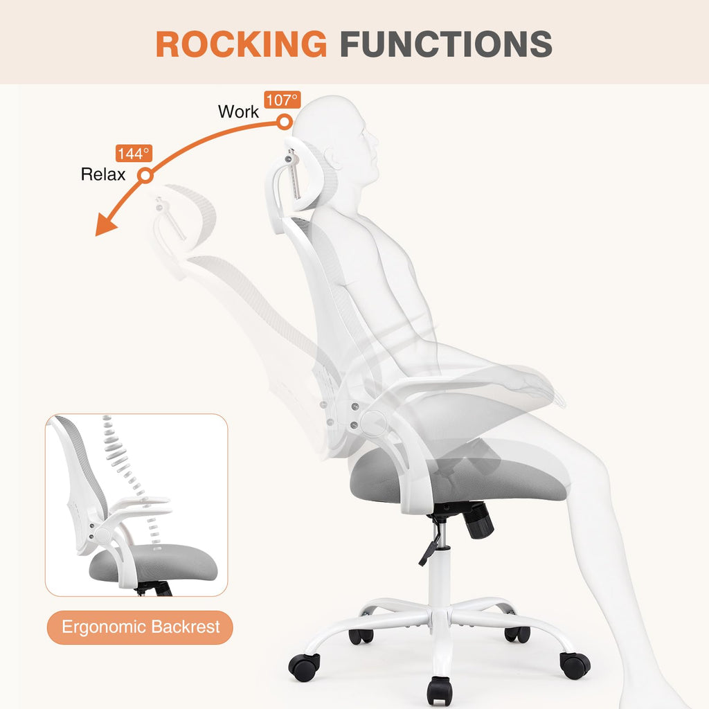 Home Office Managerial Executive Chair, High-Back Mesh with Adjustable Headrest, Flip-up Armrest Comfortable Lumbar Support, Comfy Arms for Bedroom,Study,Student