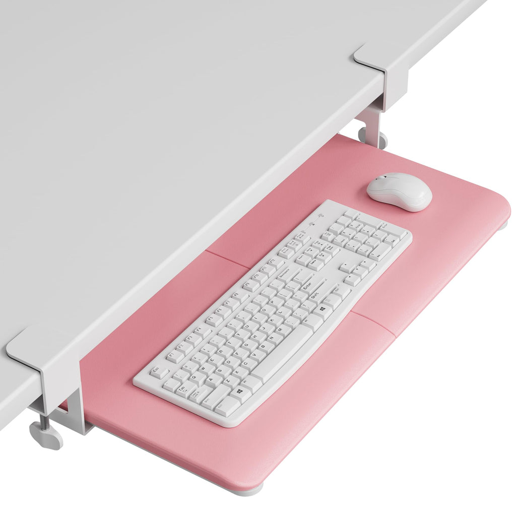 Under Desk Keyboard Tray, Pull-Out Keyboard & Mouse Platform with C-Clamp, 25.6 x 11.8 in Space-Saving Ergonomic Slide-Out Drawer, Pink