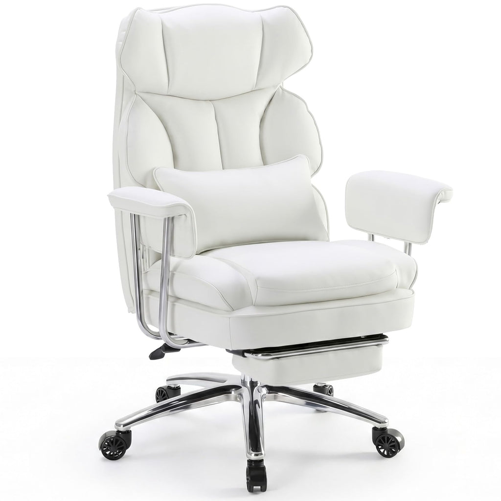 Sweetcrispy Executive Home Office Desk Chair - Ergonomic Big Tall High Back with Footrest & Lumbar Support, Reclining Height Adjustable, Comfy PU Leather Computer Gaming with Swivel Wheels, White