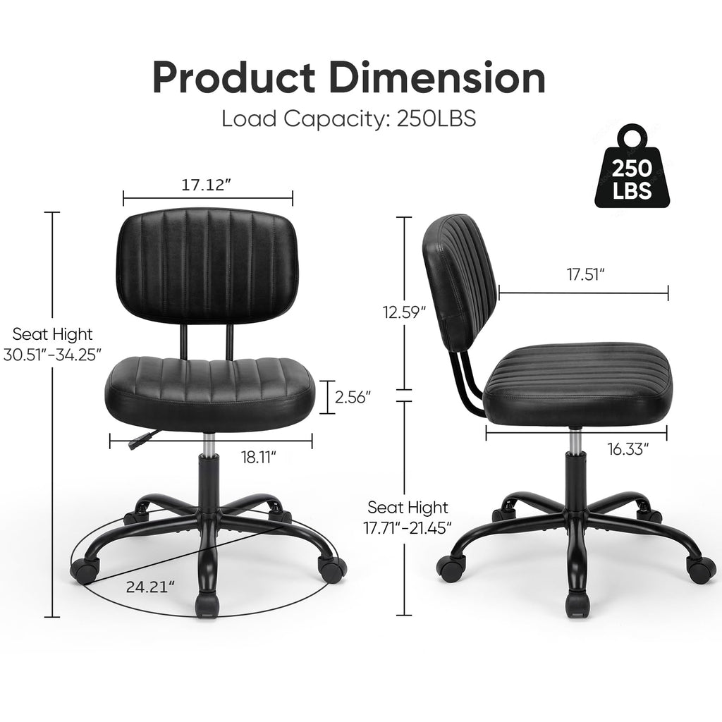 Small Armless Desk Chair with Low Back Lumbar Support, Height Adjustable PU Leather Computer Task Chair with 360° Swivel Wheels, for Small Space, Adults, New Black