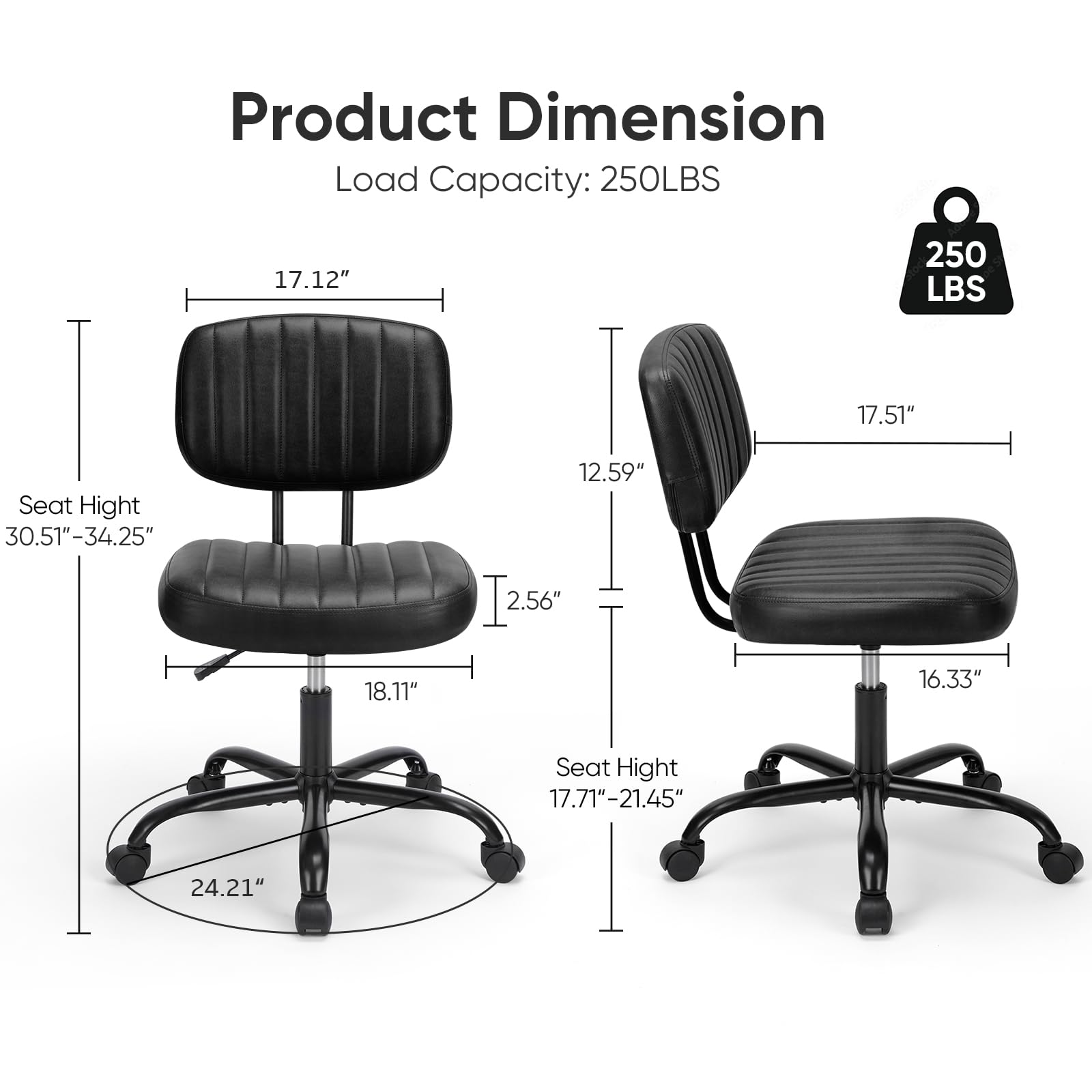 Small Armless Desk Chair with Low Back Lumbar Support, Height Adjustable PU Leather Computer Task Chair with 360° Swivel Wheels, for Small Space, Adults, New Black