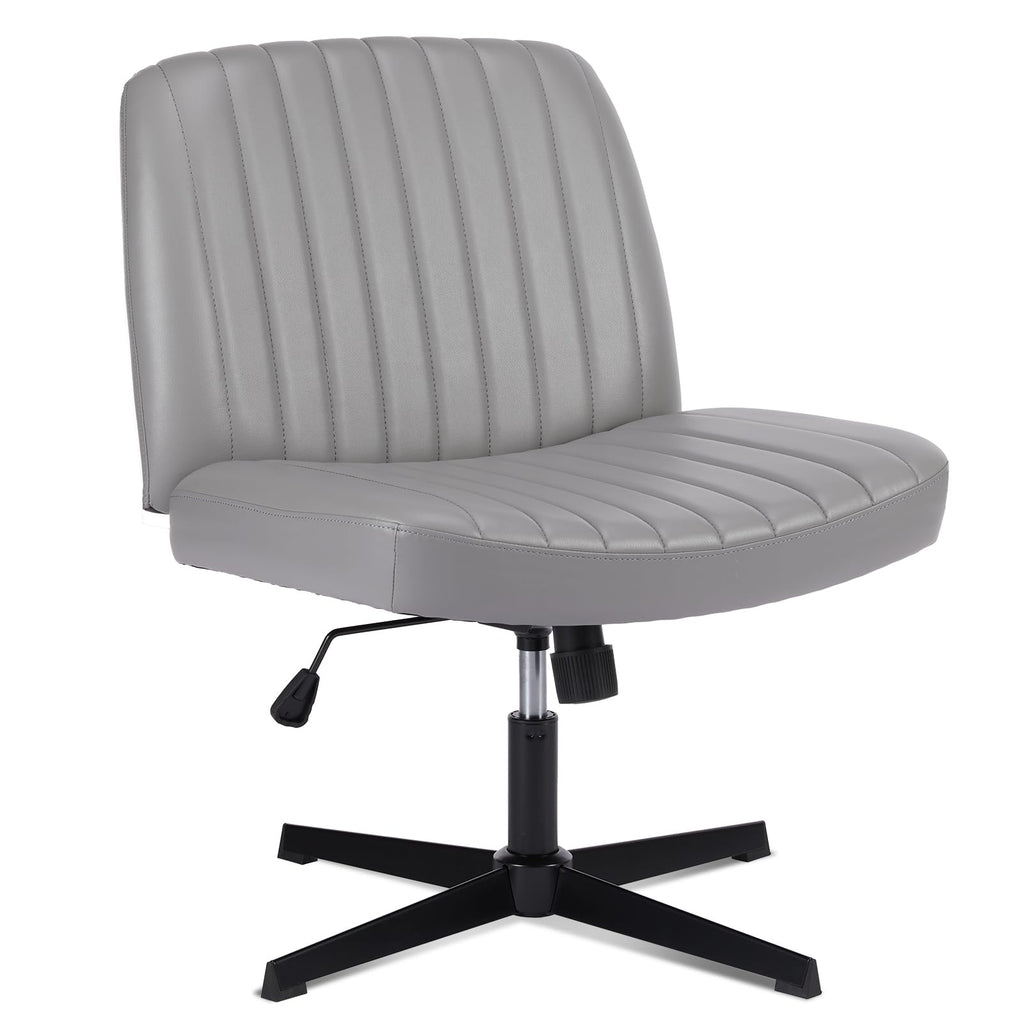 Criss Cross Legged Chairs Armless No Wheels Wide Seat Height Adjustable Swivel Padded PU Leather Home Office Desk Chair for Bedroom, Student, Study Room,Grey