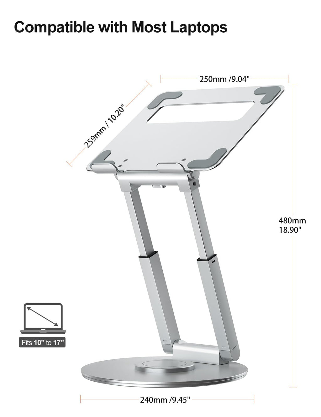 Laptop Stand for Desk with 360° Swivel Base, Sit to Stand, Height Adjustable, Portable Riser Holder for Good Posture, Compatible with All Laptops 10-17"-Silver