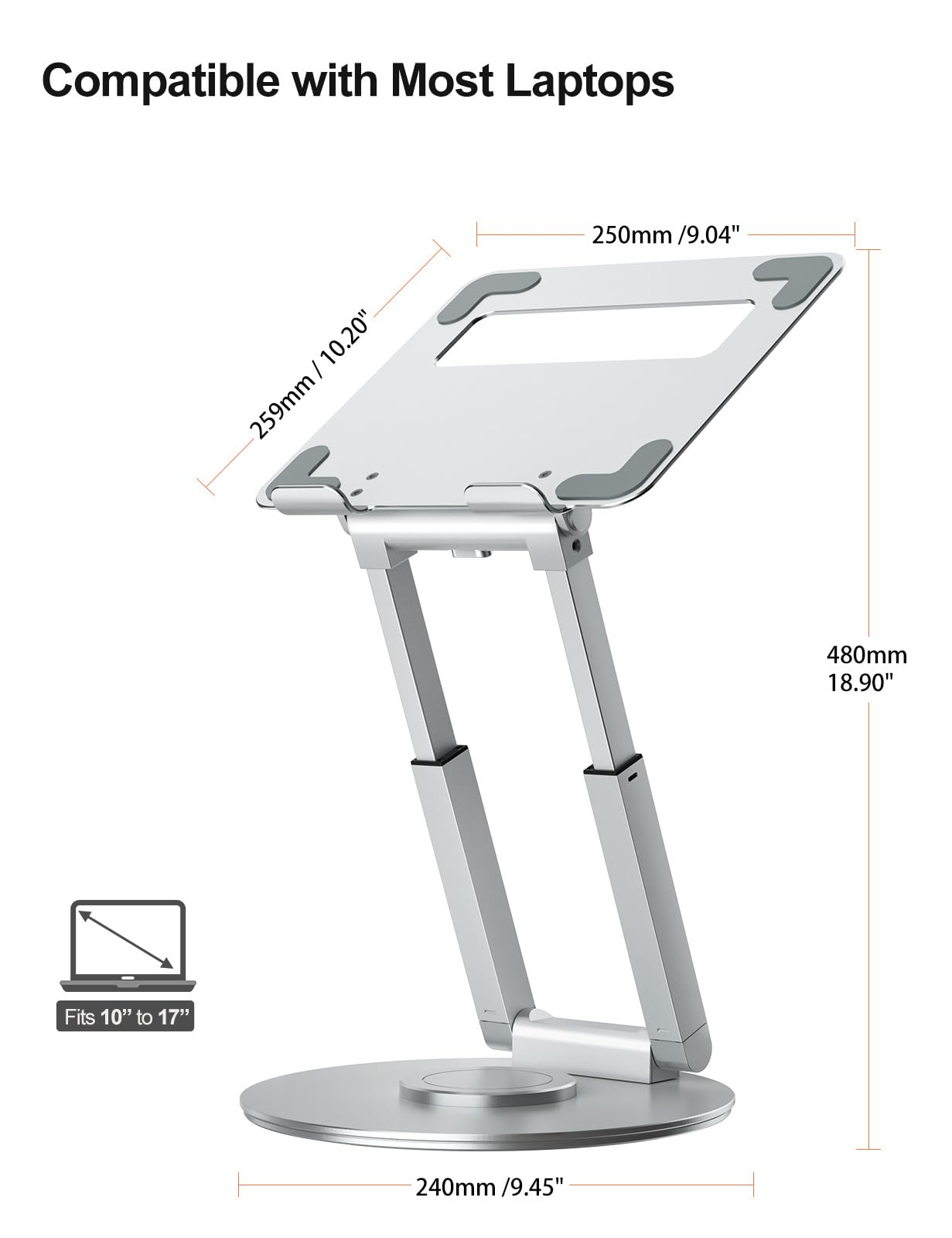 Laptop Stand for Desk with 360° Swivel Base, Sit to Stand, Height Adjustable, Portable Riser Holder for Good Posture, Compatible with All Laptops 10-17"-Silver