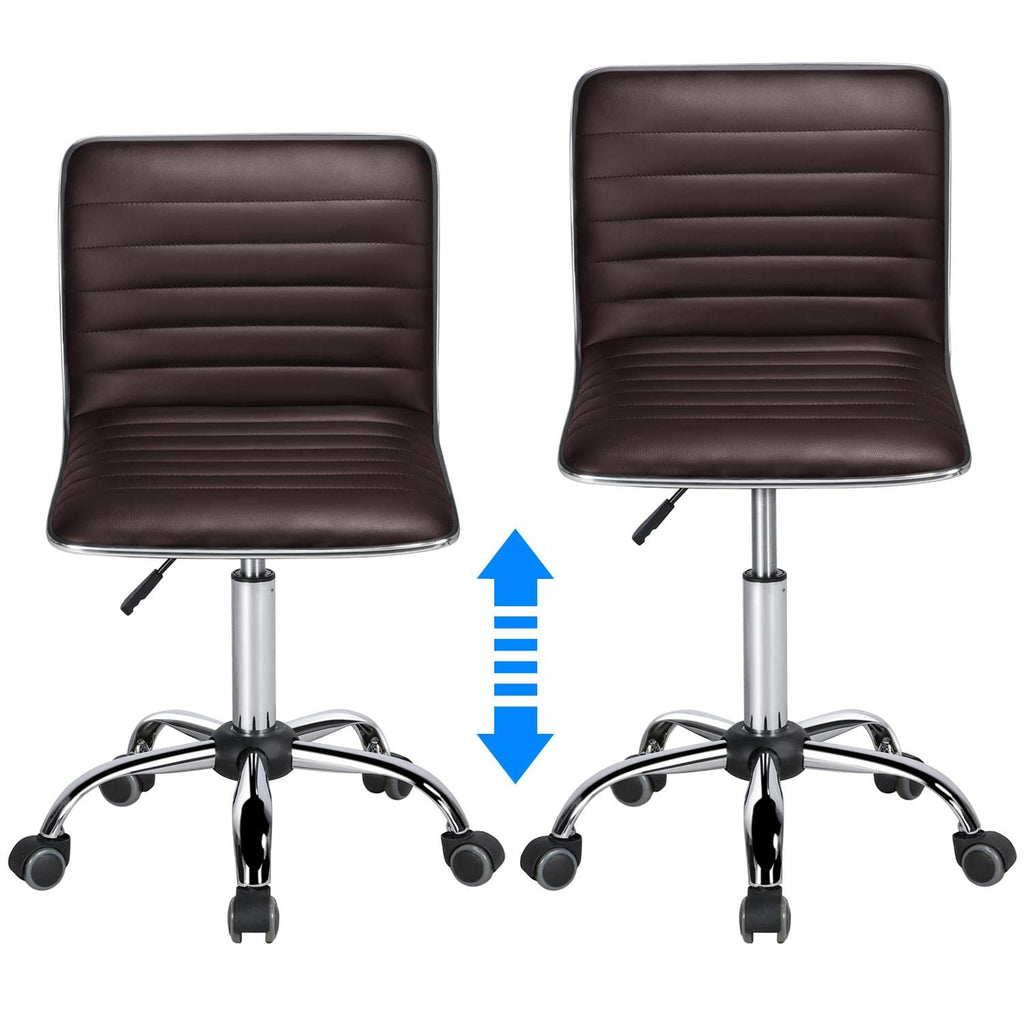 Modern PU Leather Ribbed Armless Working Office Chair Adjustable Low-Back Comfy Desk Task Chair w/Rolling Wheels, Brown