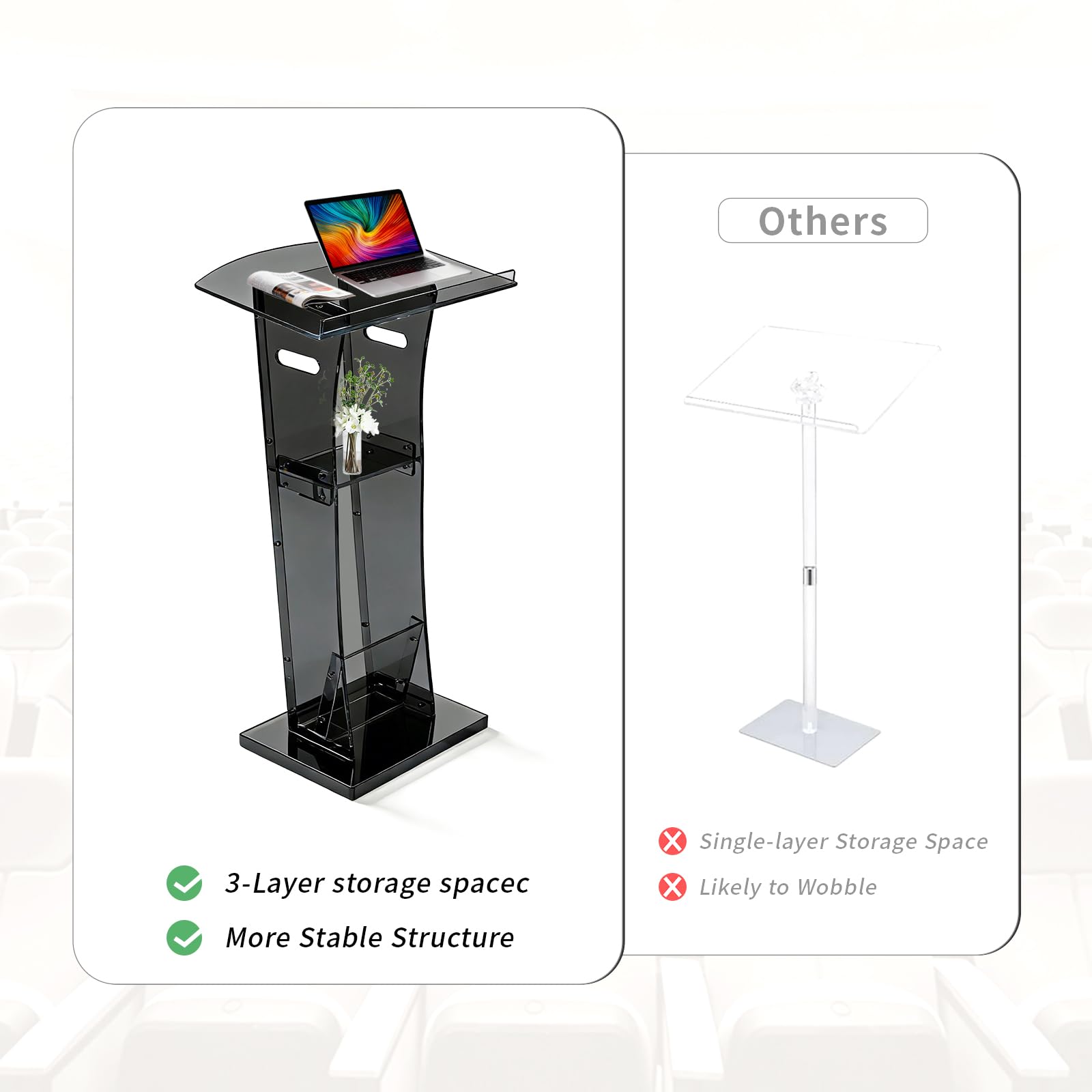 43" Semi-Transparent Black Acrylic Podium & Lectern Stand Portable with Storage Shelf, pulpits for Churches, for Speech, for Presentation, Shtender