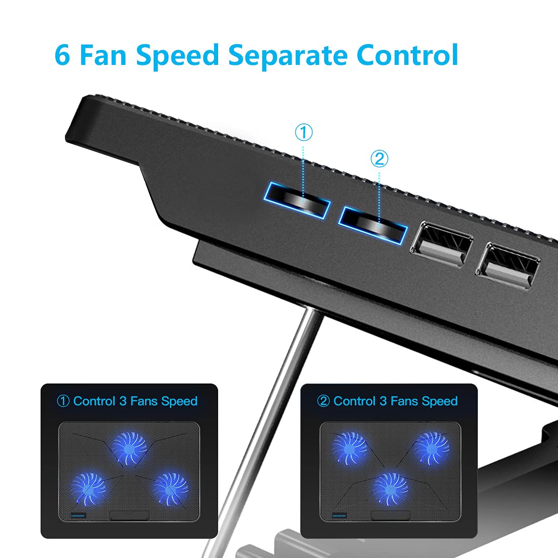 Laptop Cooling Pad, Laptop Cooler with 6 Quiet Fans for 12-17 Inch Notebook Gaming Fan Stable Stand, 7 Height & Wind Speed Adjustable, 2 USB Port & Phone Holder (Black)