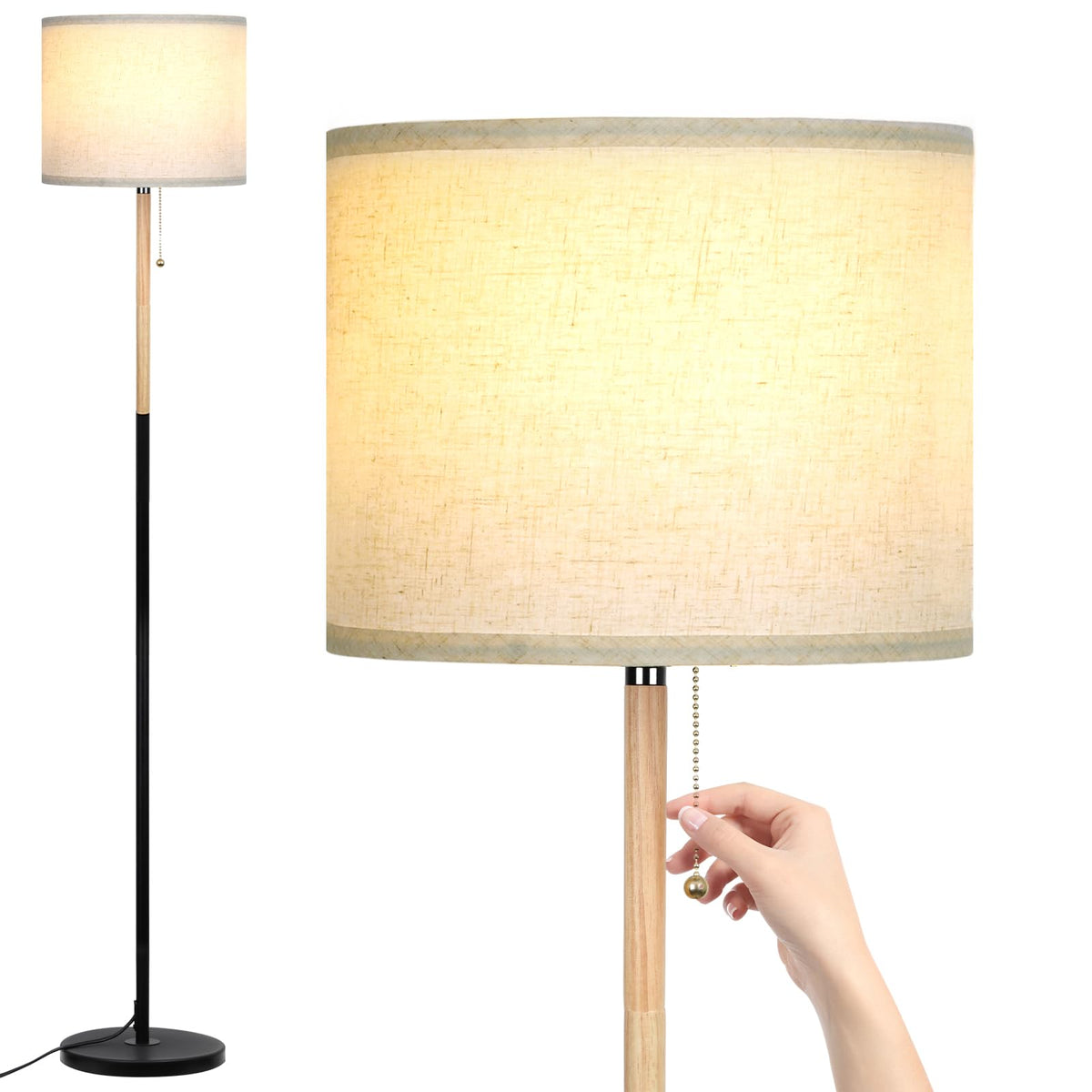 Bedroom Standing Floor Lamp with Linen Shade,White+ Wood Black Pole